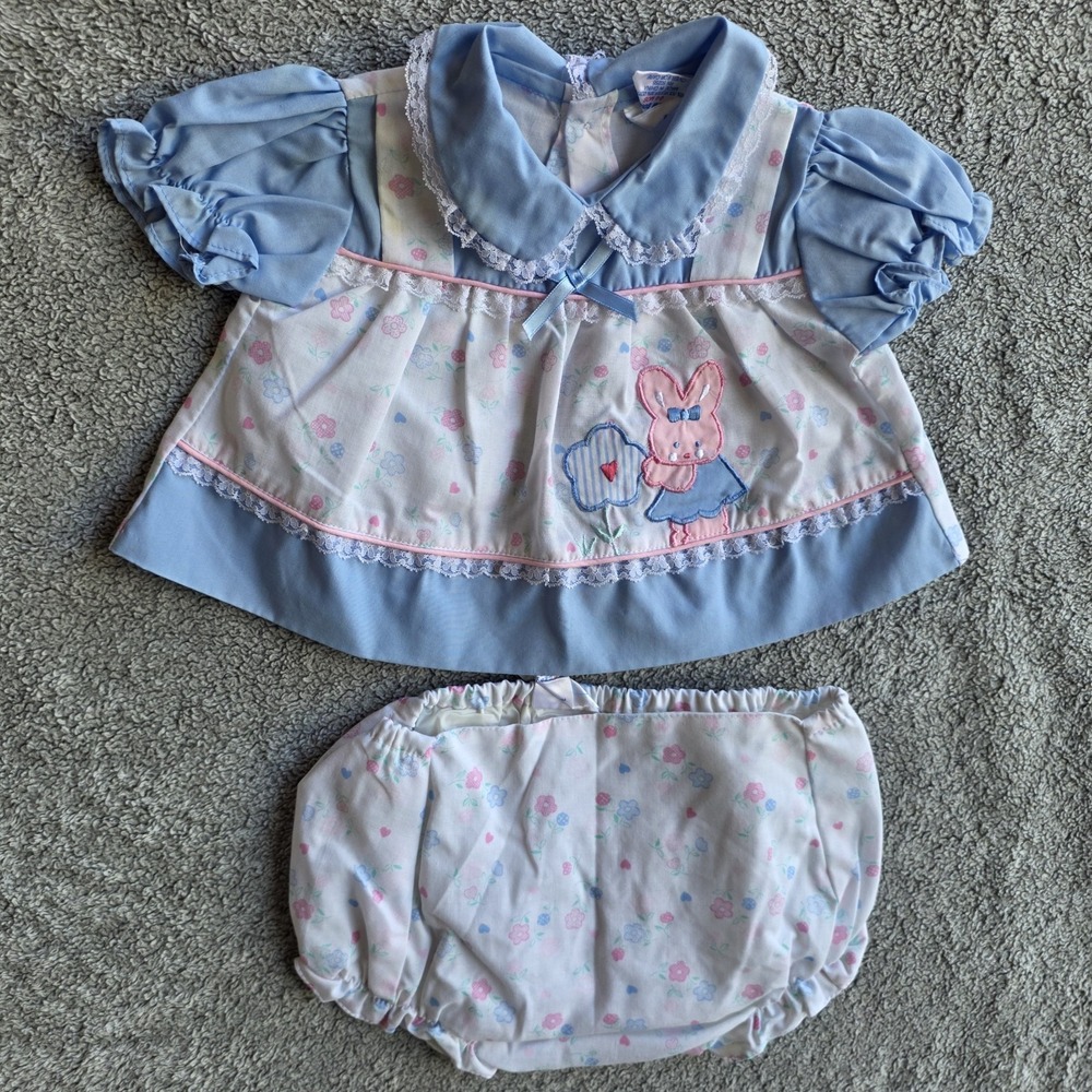 Vintage 80s 90s Mayfair Baby Girl Dress And Waterproof Bottoms Newborn 0-6 Mos